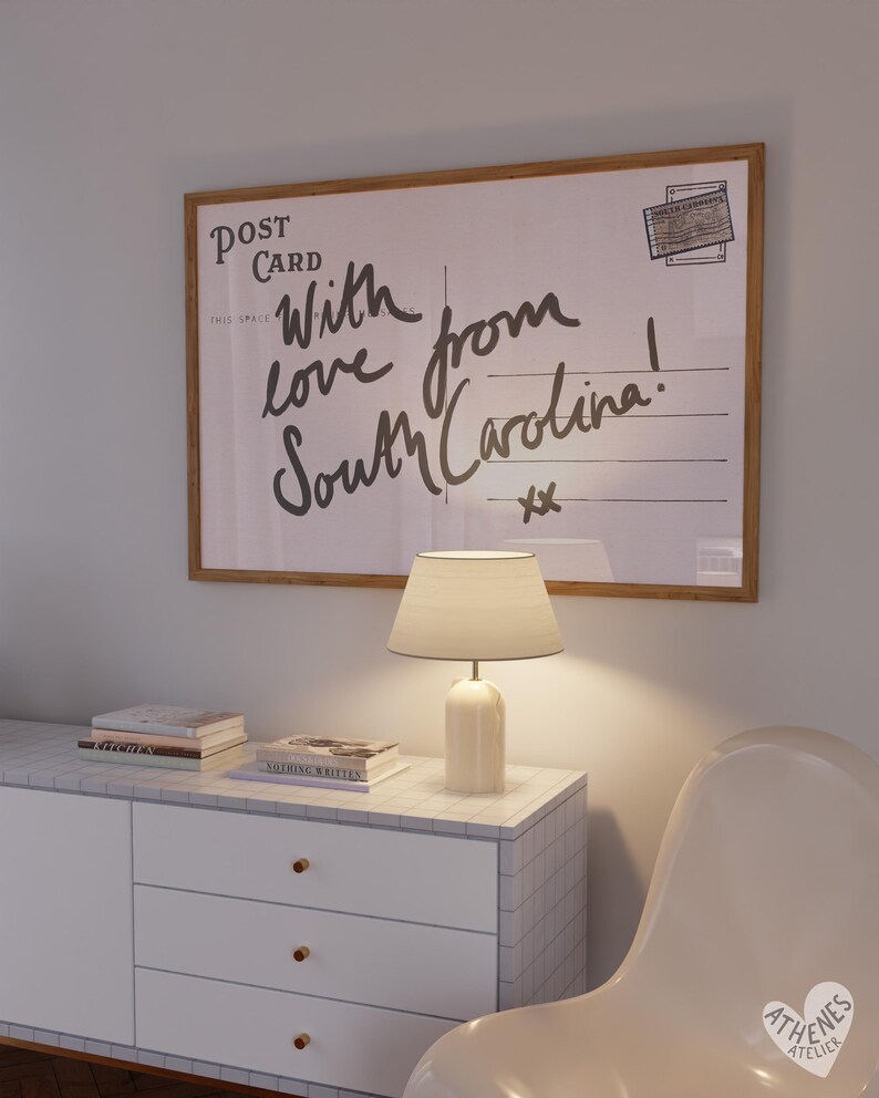 South Carolina kunst aan de muur, horizontaal boven het bed kunst, smalle muur kunst, strepen, trending muurkunst, ansichtkaart print retro reizen Amerikaanse staten afbeelding 3