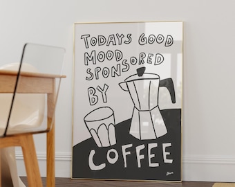 Coffee Poster, coffee bar accessories, apartment decor aesthetic, pinterest style, mid century prints, more espresso less depresso print,