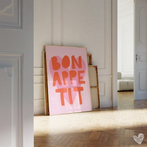 Dopamine decor, Danish pastel, Bon appetit print, Pink and orange wall art, Aesthetic apartment prints, Kitchen wall art cute, Cute wall art