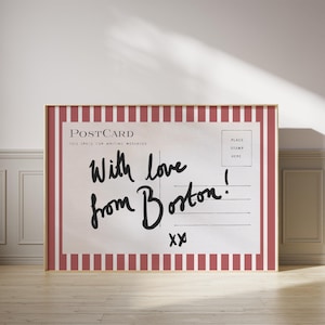 Boston wall art, horizontal above bed wall art, narrow wall art, red and white stripes, trending wall art, postcard print, city wall art