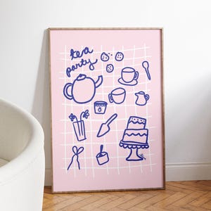 Tea Party poster, Coffee poster, Light pink wall art, Coffee bar art, Coffee bar accessories, Aesthetic apartment decor, Danish pastel art image 3