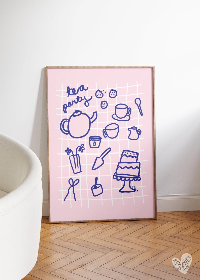 Tea Party poster, Coffee poster, Light pink wall art, Coffee bar art, Coffee bar accessories, Aesthetic apartment decor, Danish pastel art image 3