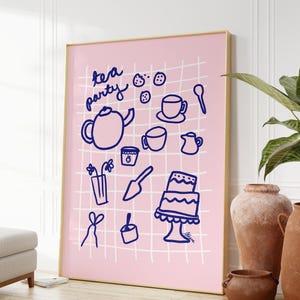 Tea Party poster, Coffee poster, Light pink wall art, Coffee bar art, Coffee bar accessories, Aesthetic apartment decor, Danish pastel art image 1