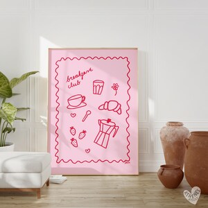 Breakfast club poster, hand drawn posters, fun kitchen wall art, light pink dopamine decor, retro food print, cooking poster apartment art image 2