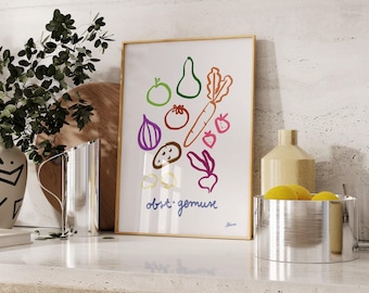 Obst & Gemuse | Simple German kitchen art illustration, Fruit and vegetable kitchen prints, scandi style wall art, cute kitchen art drawing
