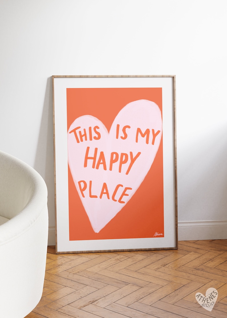 This is my Happy Place Pink and orange poster, Aesthetic room decor, Cute pastel art, Positive wall art, Scandi style, Danish pastel, Fun image 1