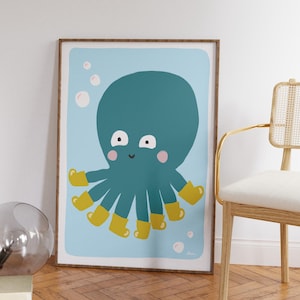 Oktopus Poster, Oktopus Poster, Moderne Kunst fürs Kinderzimmer, Maritime Dekoration, Fischposter für Kinder, Kinderzimmer Poster, Blauer Druck für Kinder