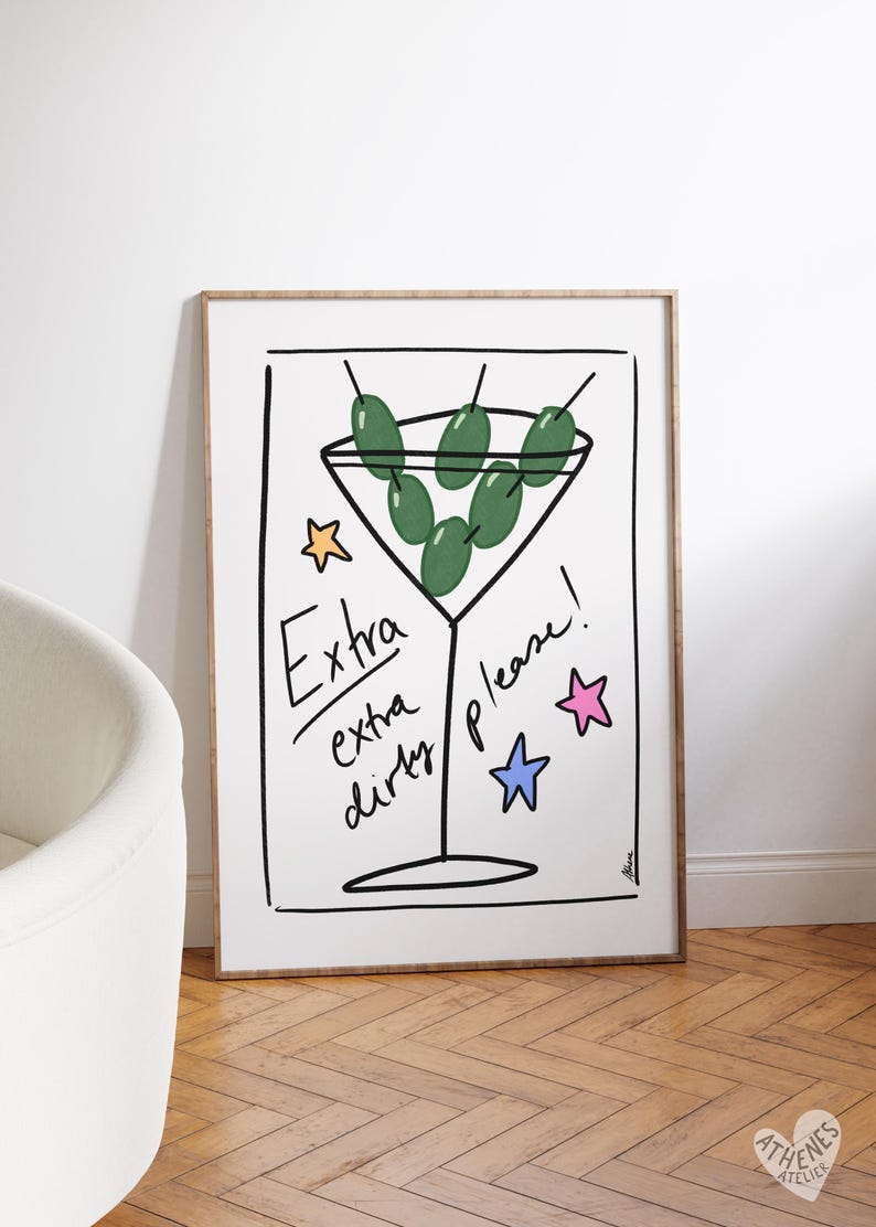 Extra extra dirty Martini print, hand drawn posters, martini poster, cocktail prints, champagne poster, danish pastel dopamine decor, indie image 3