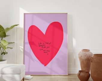 Life is Beautiful | Heart print, Positive quote wall art, Aesthetic wall art, Colorful, Modern boho, Trendy wall art, Scandinavian, Pastel