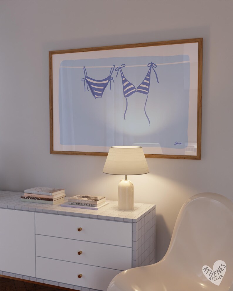 Horizontal bikini print in light blue, beachy wall art, above bed prints, above couch art, coastal cowgirl, surf poster,meet me at the beach image 3
