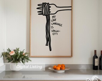 DIGITAL Spaghetti print - fun food wall art for kitchens, hand drawn dining room art, modern wall art, dopamine decor, pasta lover gift
