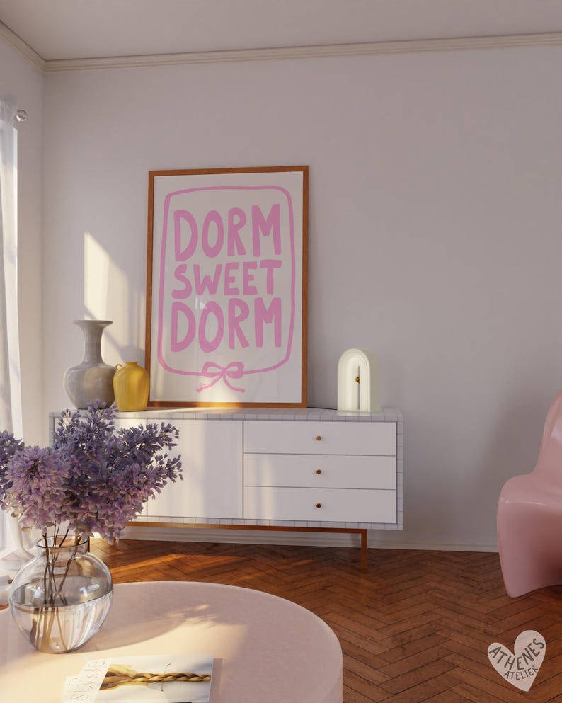 Dorm sweet dorm, Light pink dorm room decor, Dorm room essentials, dorm door sign, coquette dorm decor, roommate gift, girly dorm prints image 3