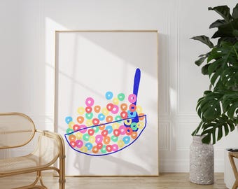Cereal poster, Danish pastel decor, Scandi style, Dopamine decor, Pastel kitchen art, Colorful kitchen prints, Funky wall art, Breakfast bar