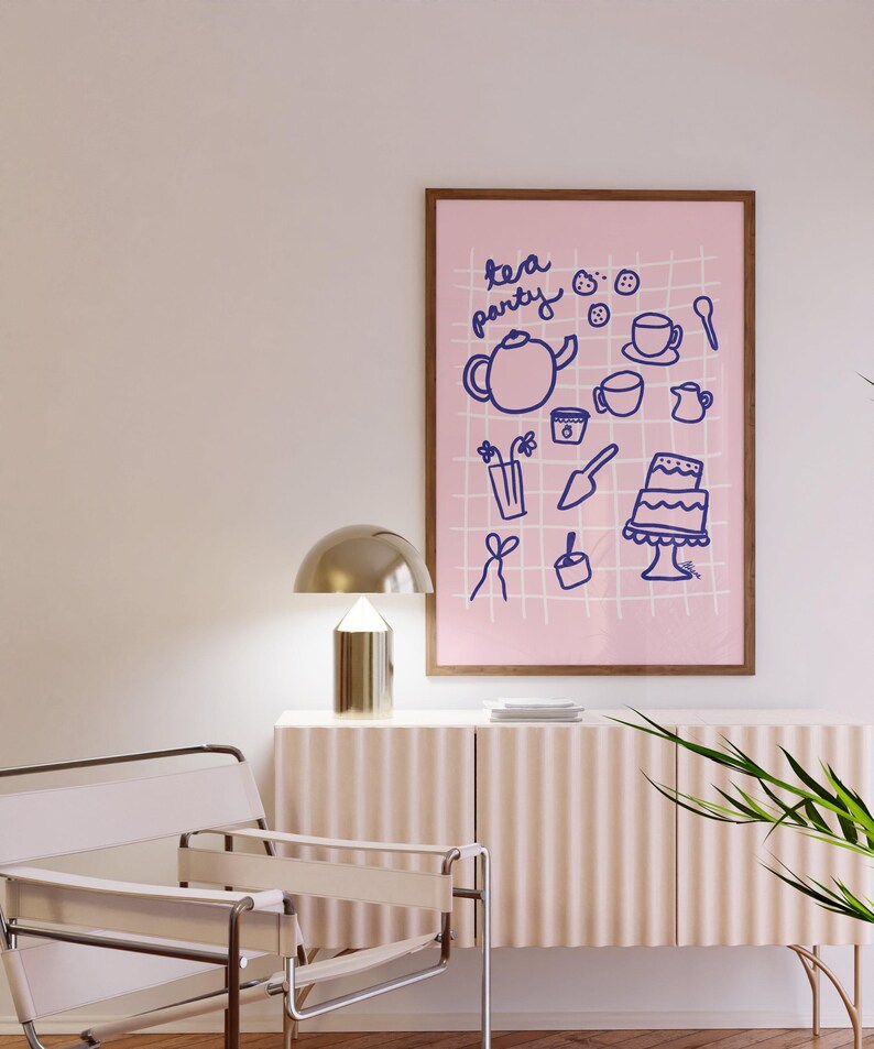 Tea Party poster, Coffee poster, Light pink wall art, Coffee bar art, Coffee bar accessories, Aesthetic apartment decor, Danish pastel art image 4