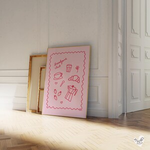 Breakfast club poster, hand drawn posters, fun kitchen wall art, light pink dopamine decor, retro food print, cooking poster apartment art image 4