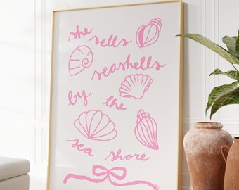 Seashell print, Beachy wall art, Coastal granddaughter, Coastal cowgirl prints pink, Beachy prints, Beach house decor, Old money aesthetic,