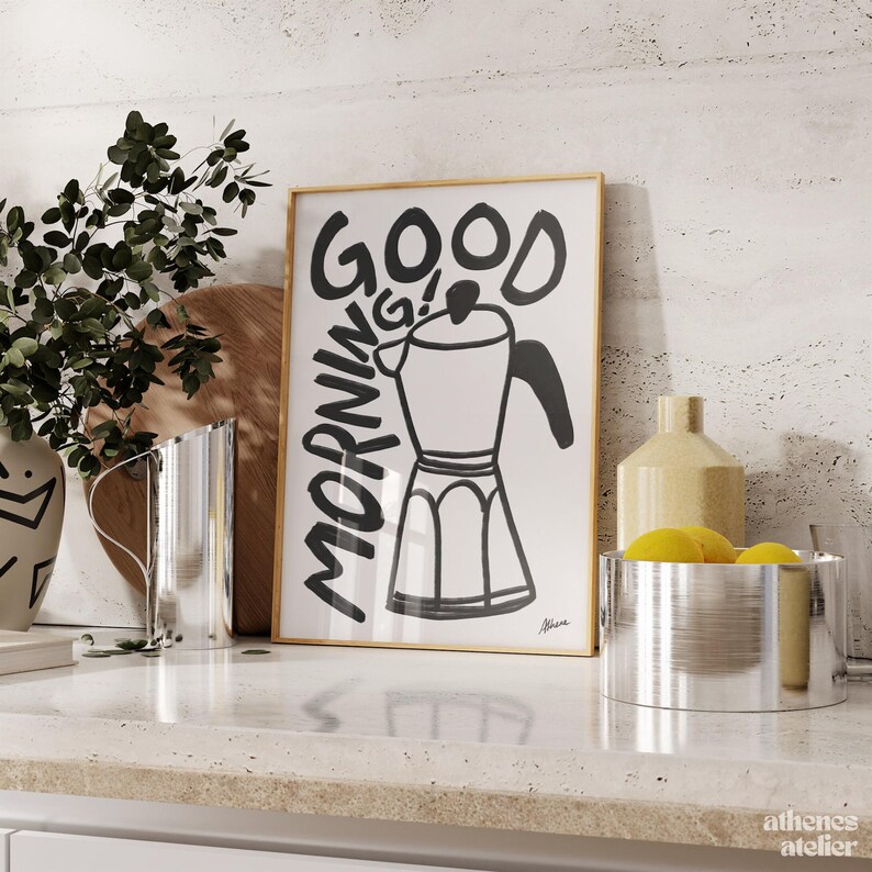 Good Morning! | Coffee poster, Coffee bar decor, apartment decor aesthetic, Modern kitchen prints, Aesthetic wall art, Mid century prints image 4
