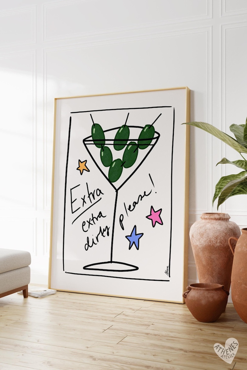Extra extra dirty Martini print, hand drawn posters, martini poster, cocktail prints, champagne poster, danish pastel dopamine decor, indie image 1