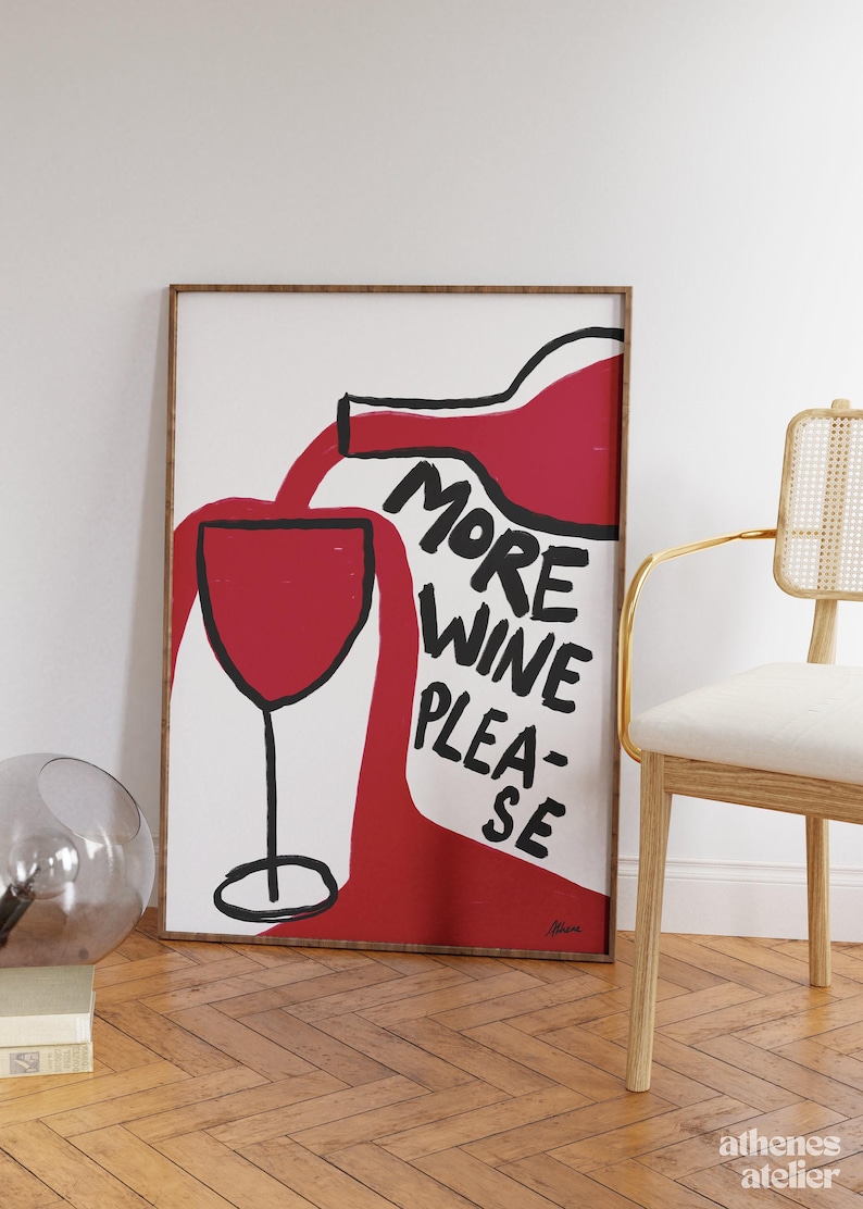 More Wine Please | Funny wine print, Hand drawn, Boho style, Fun kitchen art, Aesthetic wall art, Pinterest style, Simple hand drawn, Boho image 2