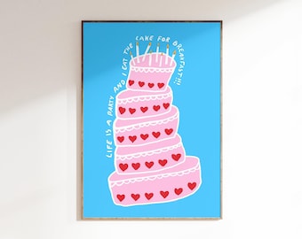 Cake poster, Cake wall art, Cute dessert art, Pink wall art, Scandi style, Danish pastel decor, Simple pastel art, Dopamine decor, Funky art