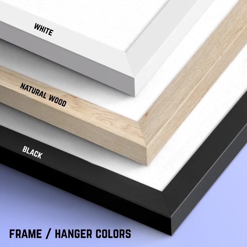 three different types of frames or hangers, each with a distinct color: white, natural wood, and black.