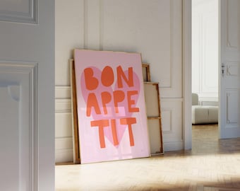 Dopamine decor, Danish pastel, Bon appetit print, Pink and orange wall art, Aesthetic apartment prints, Kitchen wall art cute, Cute wall art