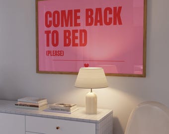Come Back to Bed horizontal, Couples wall art, Above bed print, Red and pink, Pastel bedroom print, Cute bedroom art, Romantic bedroom art