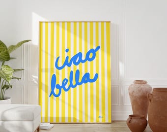 Impressão "Ciao Bella" em amarelo, arte de parede italiana, decoração Dopamine, impressão da Costa Amalfitana, arte mediterrânea, impressões de verão, listras amarelas da Itália