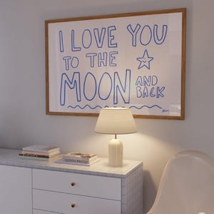 Love You To The Moon print, Above bed horizontal print, Danish pastel decor, Aesthetic apartment, Dopamine decor, Best selling,Nursery decor