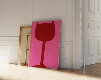 Wine glass poster, Mid century wall art hand drawn, Bar cart decor, Colorful kitchen art, Wine lover gift, First apartment, Cocktail art