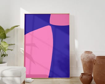 Impression abstraite - Formes roses et bleues, art minimal coloré, chambre à coucher artistique paisible, au-dessus du lit, art du salon, abstrait pastel dessiné à la main