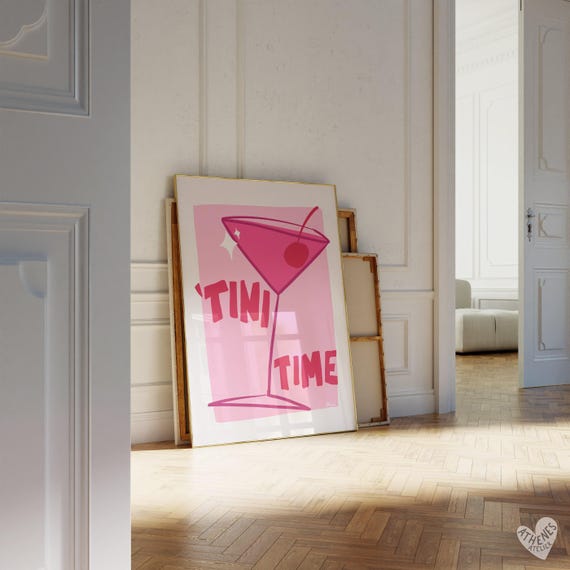 Martini wall art, pink bar cart prints, Martini print, Bar cart accessories, Apartment decor aesthetic, bar cart wall art, cocktail prints