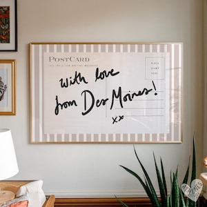 Des Moines wall art, horizontal above bed art, narrow wall art, yellow and white stripes, trending wall art, postcard print, retro Iowa