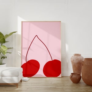 Póster de cereza, impresión de ilustración de fruta, pastel danés, arte mural rosa claro, impresiones rosas y rojas, decoración de cocina pastel, impresión de mercado de frutas