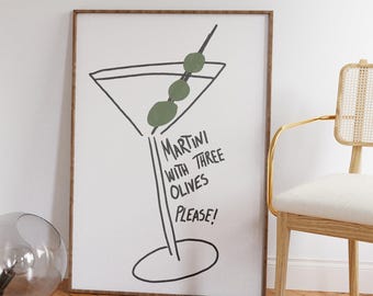 Martini poster, Bar cart prints, apartment decor aesthetic, Martini wall art, bar cart decor, bar cart accessories, cocktail poster, cute