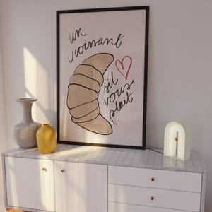 Croissant art print, French quote poster, Cute kitchen prints, Breakfast wall art, Mid century decor, Parisian wall art, Breakfast prints, image 2