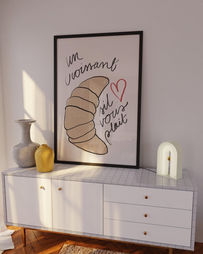 Croissant art print, French quote poster, Cute kitchen prints, Breakfast wall art, Mid century decor, Parisian wall art, Breakfast prints, image 2