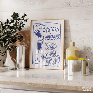 Oysters & Champagne | Trendy kitchen Menu print, Mid century modern, Food illustration art simple kitchen prints, Scandi style kitchen art
