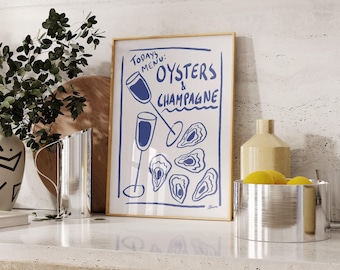 Oysters & Champagne | Trendy kitchen Menu print, Mid century modern, Food illustration art simple kitchen prints, Scandi style kitchen art