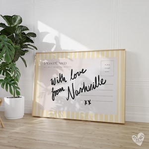 Nashville Wandkunst, horizontal über dem Bett, schmale Wandkunst, gelbe und weiße Streifen, trendige Wandkunst, Postkarte Retro Nashville