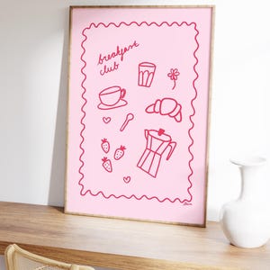 Breakfast club poster, hand drawn posters, fun kitchen wall art, light pink dopamine decor, retro food print, cooking poster apartment art image 1