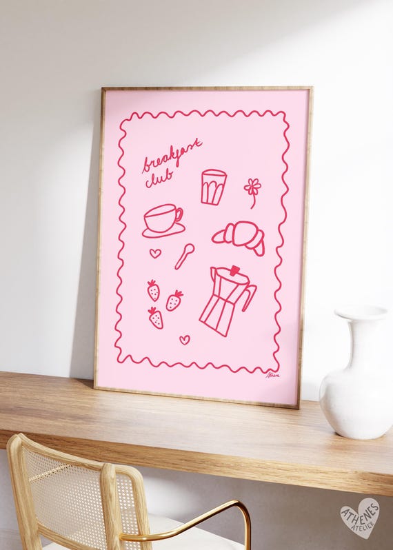 Breakfast club poster, hand drawn posters, fun kitchen wall art, light pink dopamine decor, retro food print, cooking poster apartment art