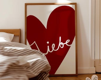 Liebe red heart print - German wall art, mid century modern minimalist, romantic bedroom art, einweihungsgeschenk, poster wohnzimmer