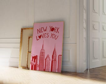 Poster di New York, stampe di New York, arte murale rosa e rossa, illustrazioni di New York, arte di New York, arredamento estetico per appartamenti, grazioso regalo di New York