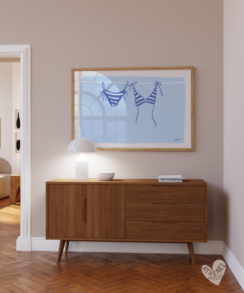 Horizontal bikini print in light blue, beachy wall art, above bed prints, above couch art, coastal cowgirl, surf poster,meet me at the beach image 2