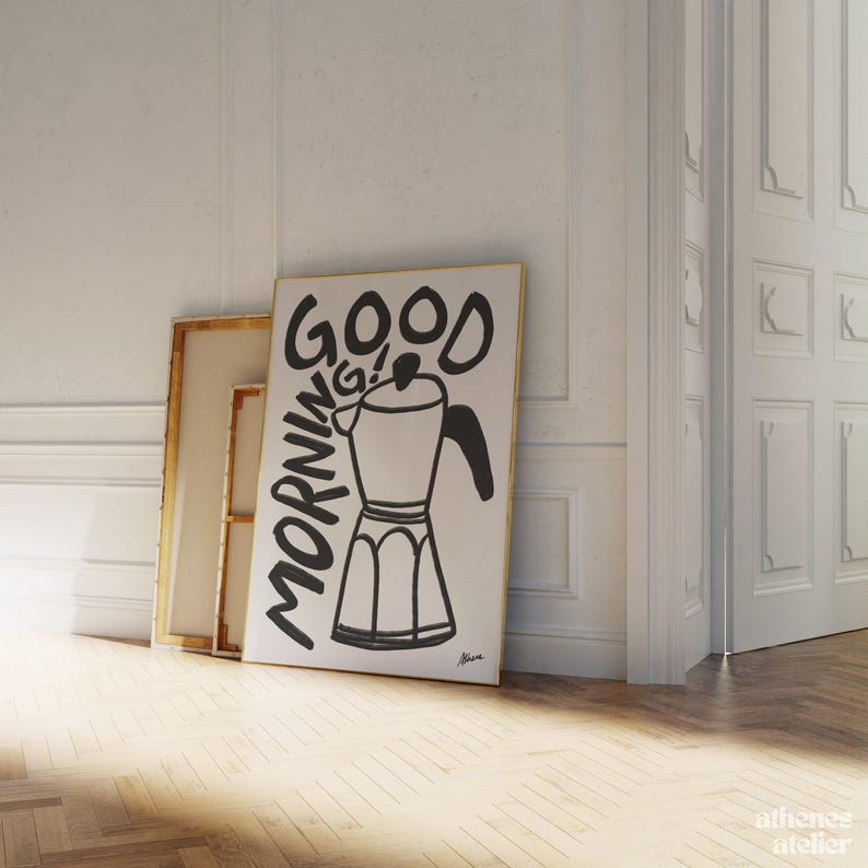 Good Morning! | Coffee poster, Coffee bar decor, apartment decor aesthetic, Modern kitchen prints, Aesthetic wall art, Mid century prints image 2