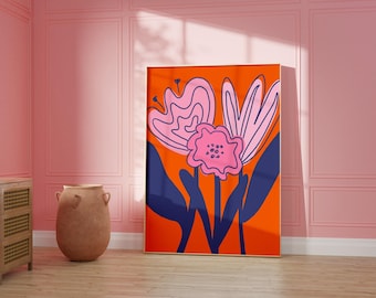 Abstract Flowers Pink/Orange/Navy | Scandi style, Simple colorful wall art, Minimal colorful, Danish pastel, Retro flower art, Modern flower