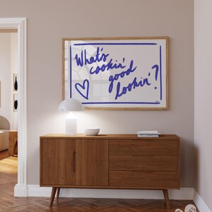 What's Cookin?, Horizontal kitchen prints, Danish pastel decor, Aesthetic apartment, Dopamine decor, Navy blue wall art, Bar cart wall art