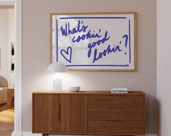 What's Cookin?, Horizontal kitchen prints, Danish pastel decor, Aesthetic apartment, Dopamine decor, Navy blue wall art, Bar cart wall art