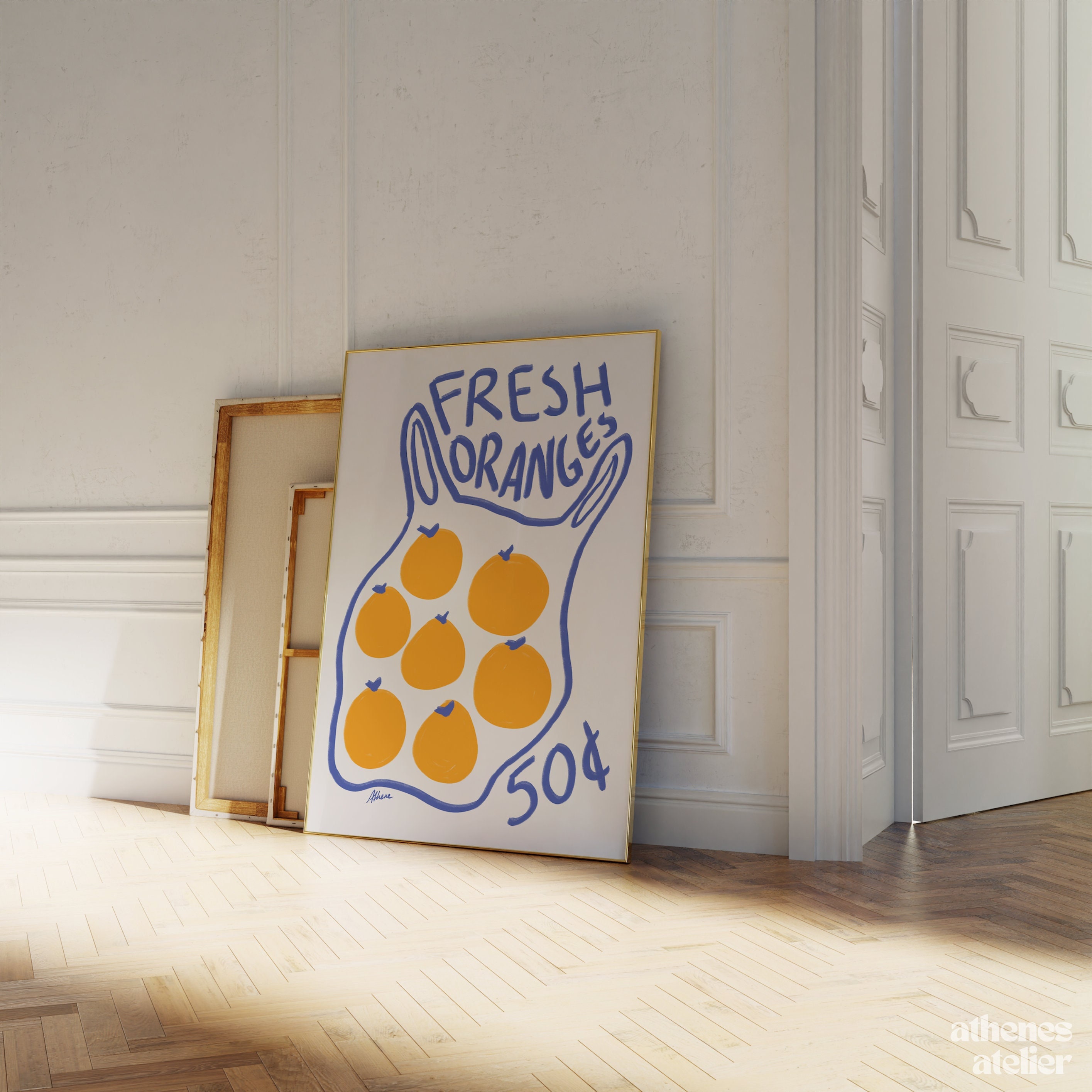 Naranjas frescas / Impresión de ilustración de cocina moderna, póster con dibujo de frutas, impresiones de apartamentos de moda de mediados de siglo, impresiones estéticas de mercado de frutas